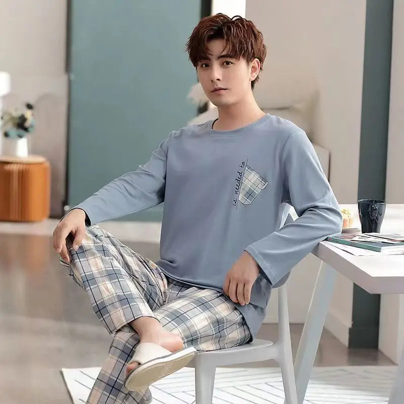 Men's Casual Pyjamas - Long-Sleeved Spring/Autumn Homewear Lightweight Pyjama Set for Young and Middle-Aged Men in Autumn/Winter