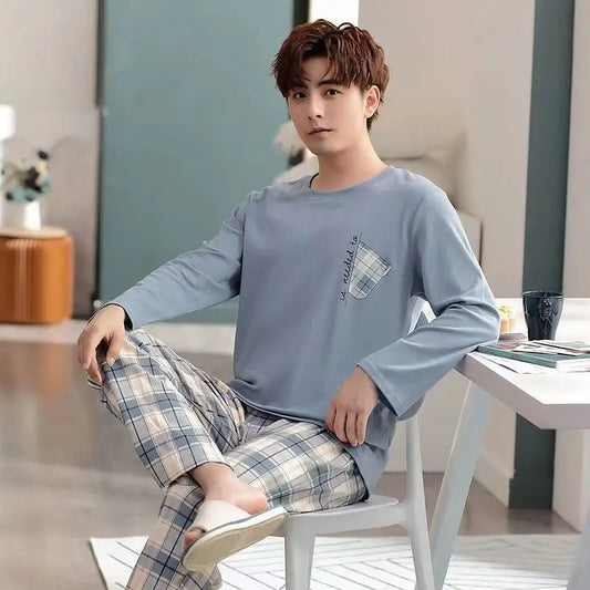 Men's Casual Pyjamas - Long-Sleeved Spring/Autumn Homewear Lightweight Pyjama Set for Young and Middle-Aged Men in Autumn/Winter