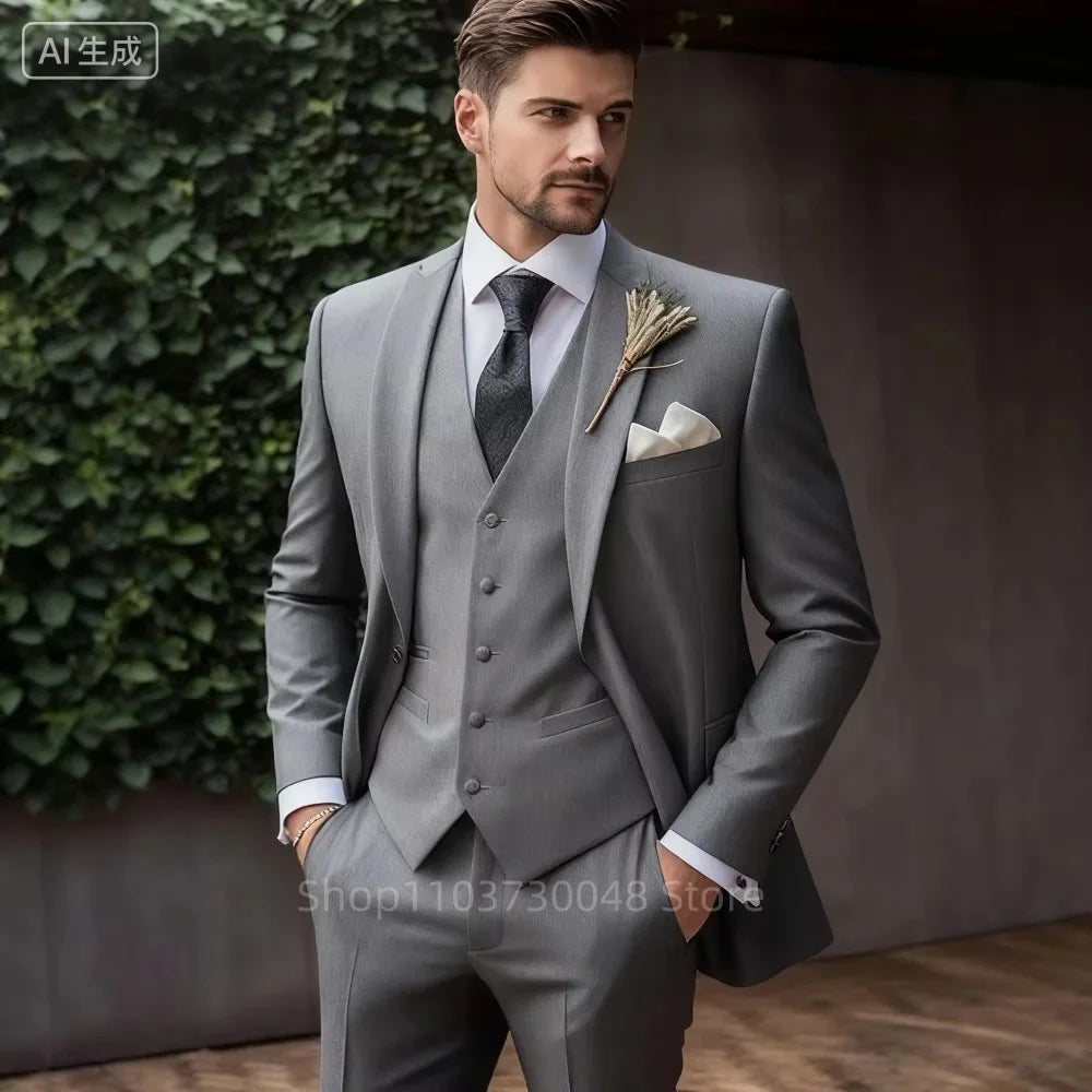 Classic Formal Suits for Men Peak Lapel Blazer Vest Pants 3 Pieces Suits Set Elegant Slim Fit Men's Suit for Business Party Prom