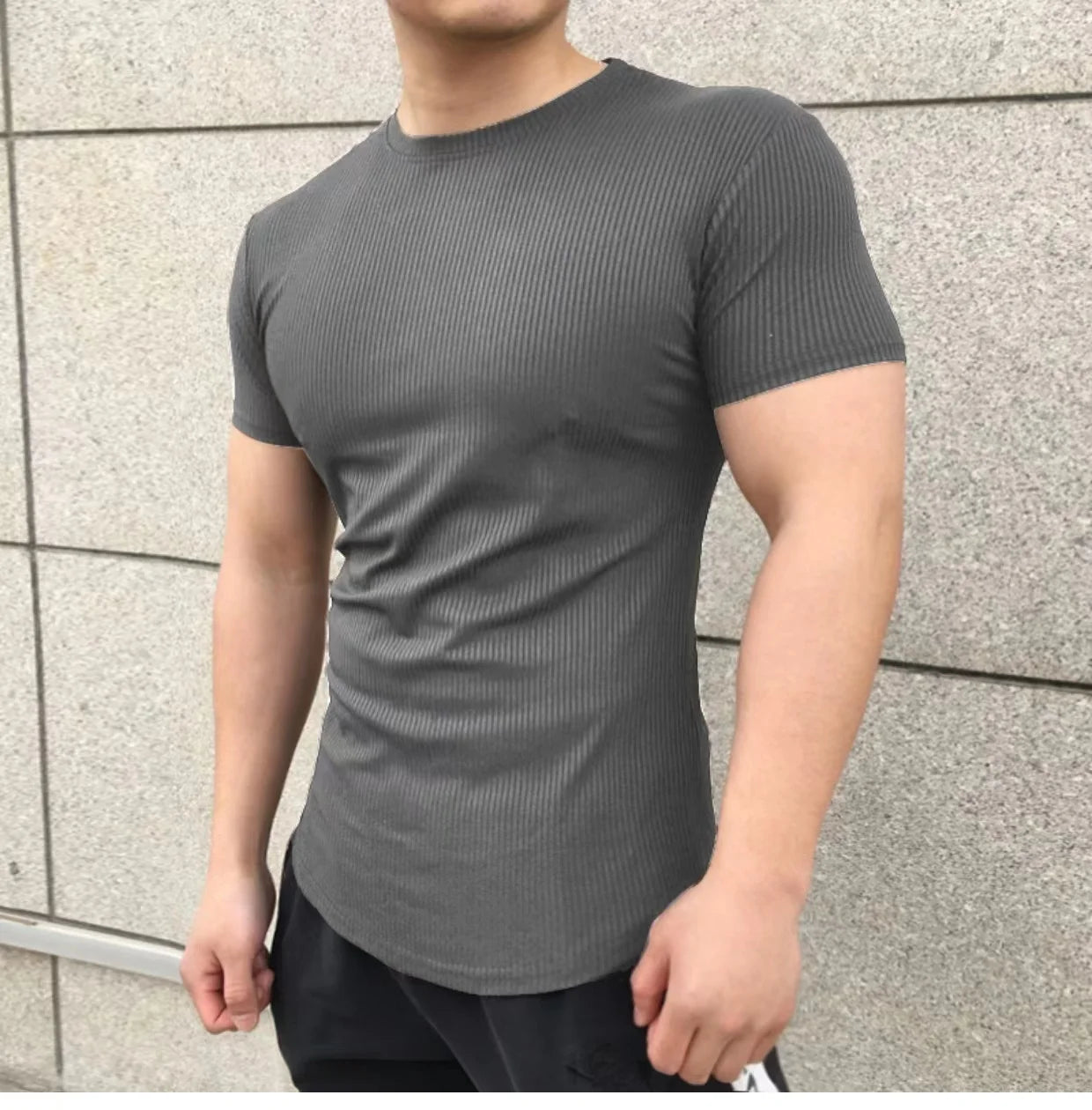 Men's Muscle Shirts Short Sleeve Casual Slim Fit Workout Tshirts Striped Curved Hem Light Weight Elastic