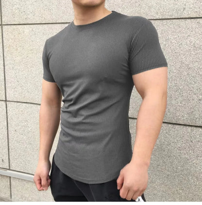 Men's Muscle Shirts Short Sleeve Casual Slim Fit Workout Tshirts Striped Curved Hem Light Weight Elastic