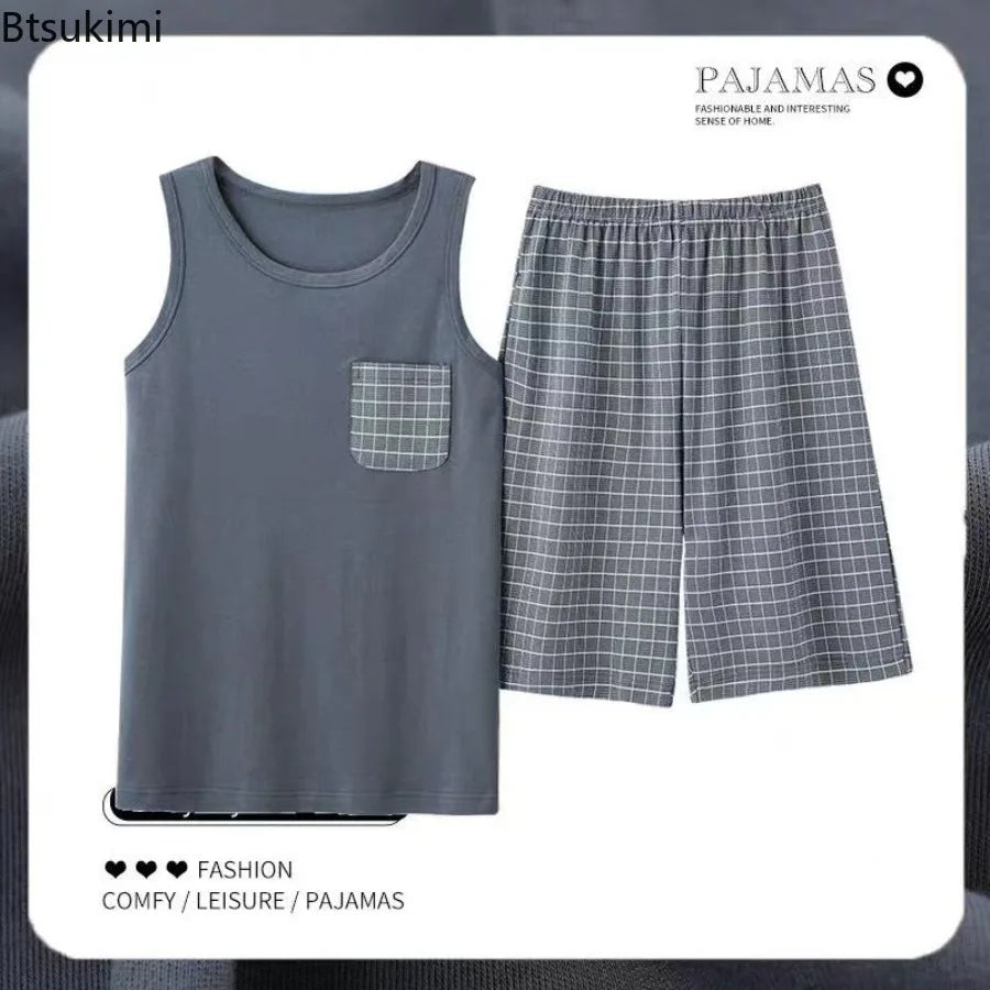 2026 New Men's Pajamas Sets Casual 100% Cotton Home Wear Sleeveless O-Neck Vest and Shorts Two Piece Sets Summer Couple Pajamas
