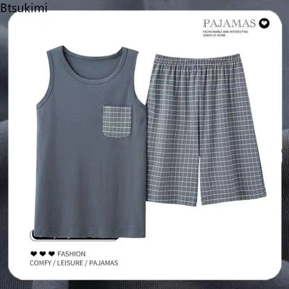 2026 New Men's Pajamas Sets Casual 100% Cotton Home Wear Sleeveless O-Neck Vest and Shorts Two Piece Sets Summer Couple Pajamas