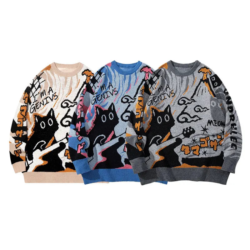 Men's retro cartoon knitted sweater for warmth, pullover casual long-sleeved knitted sweater for 2025 autumn-winter season
