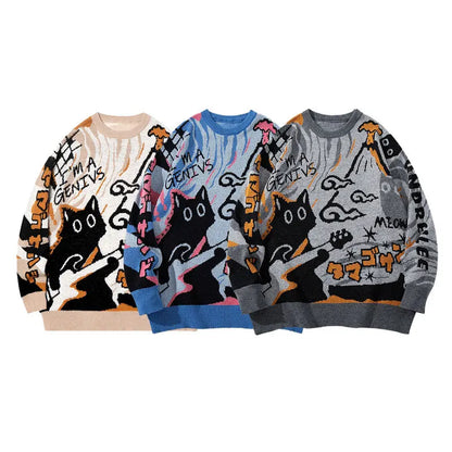 Men's retro cartoon knitted sweater for warmth, pullover casual long-sleeved knitted sweater for 2025 autumn-winter season