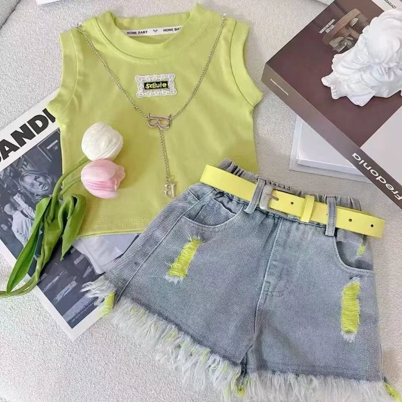 Girls' Denim Shorts Suit Summer 2025 New Kids Outfits Korean Version Little Girls' Fashionable Shorts T-shirtTwo-piece Set 2-10T
