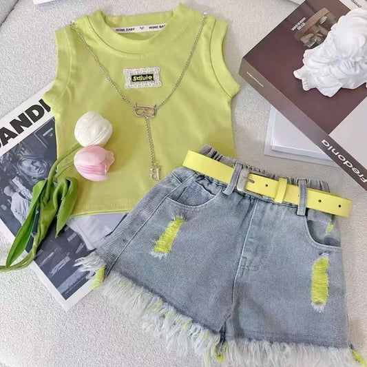 Girls' Denim Shorts Suit Summer 2025 New Kids Outfits Korean Version Little Girls' Fashionable Shorts T-shirtTwo-piece Set 2-10T