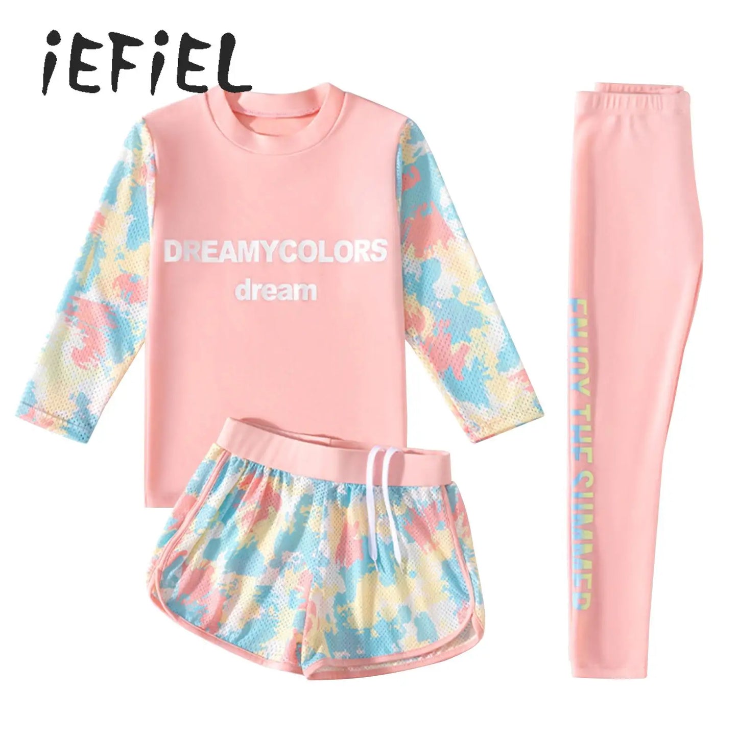 Girls 3-Piece UV Swimsuit Sun Protective Long Sleeve Rash Guard Swimwear Quickly Dry Swimming Shirt Top+Shorts+Pants Outfits