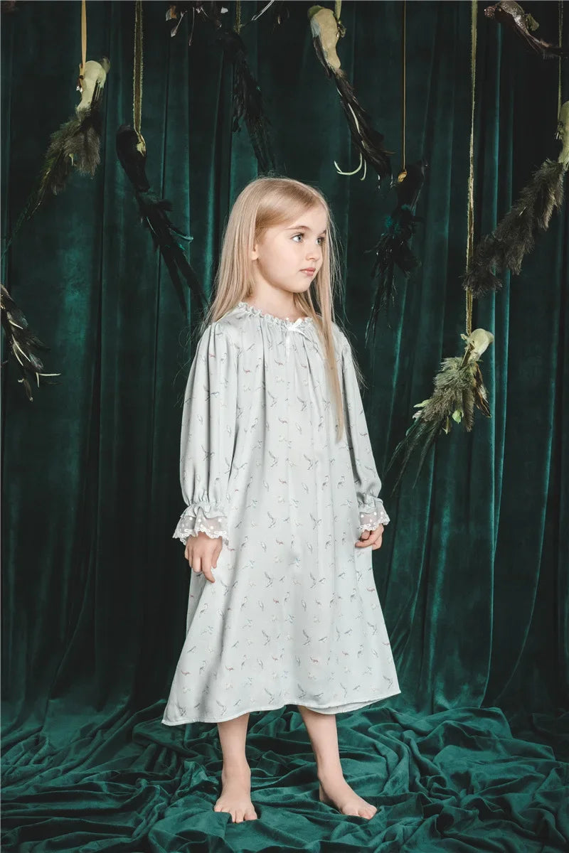 Girls Pajamas Set 2025 Spring And Summer New Blue Lace Lace Children's Home Clothing Cotton Printed Pajamas Children's Clothing
