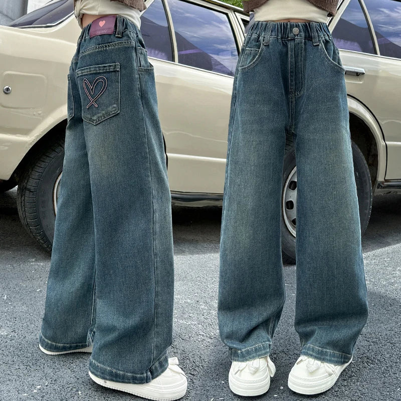 Girls jeans back pocket love  wide-leg pants 2025 spring and autumn slimming straight pants suitable for 5-15 years old pants