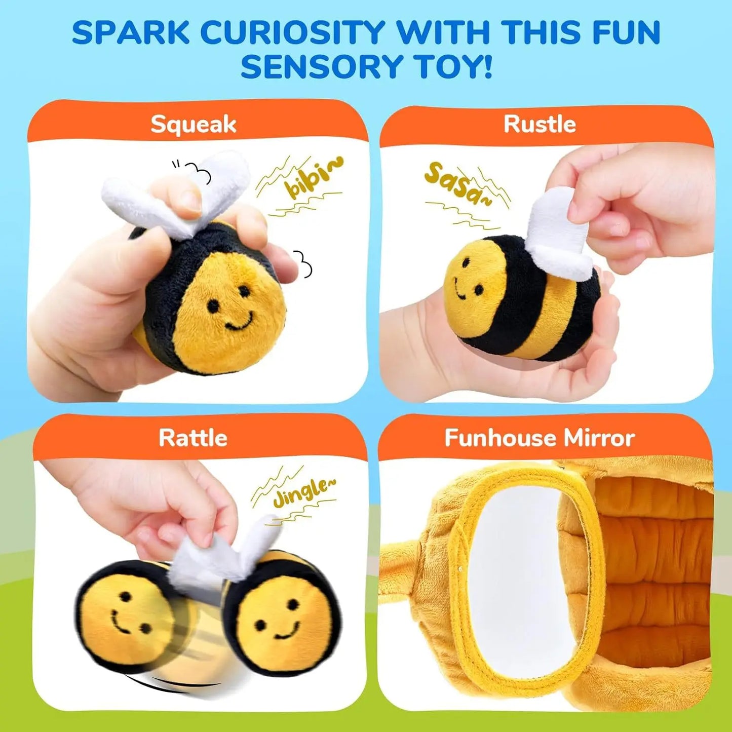 Baby Toys 6-12 Months Bee House with Stuffed Farm Animals for Toddlers 1-3 Baby Plush Beehive Wtih Rattles Squeaker Mirror