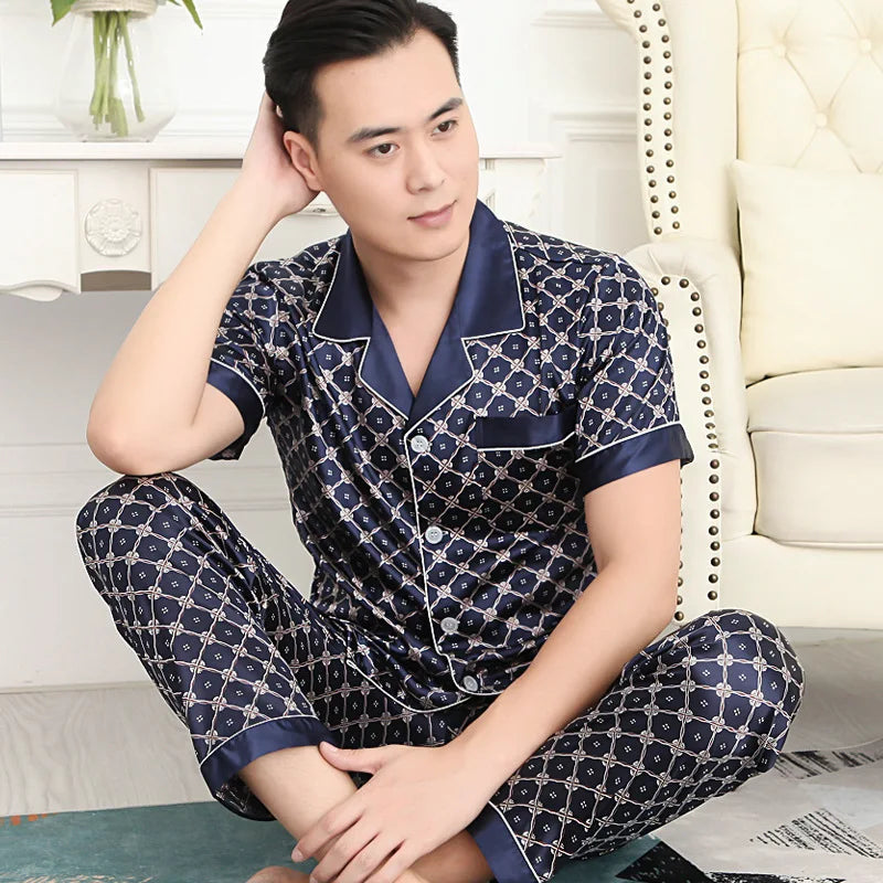 Pajamas Men Spring Summer Thin Ice Silk Luxurious Loose Fitting Home Wear Suit Male Satin Pyjamas Set Night Pajamas Set Men
