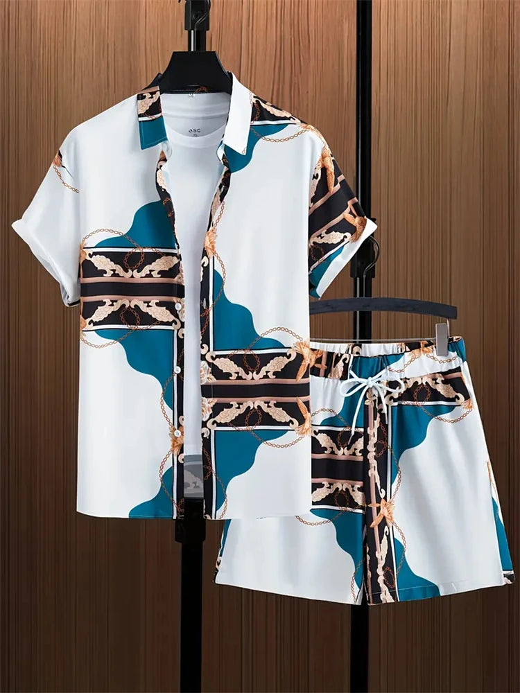 2024 New Men's Beach Wear 2-Piece Quick Drying Hawaiian Shirt and Shorts Set Summer Men's Fashion Striped Print Casual Wear