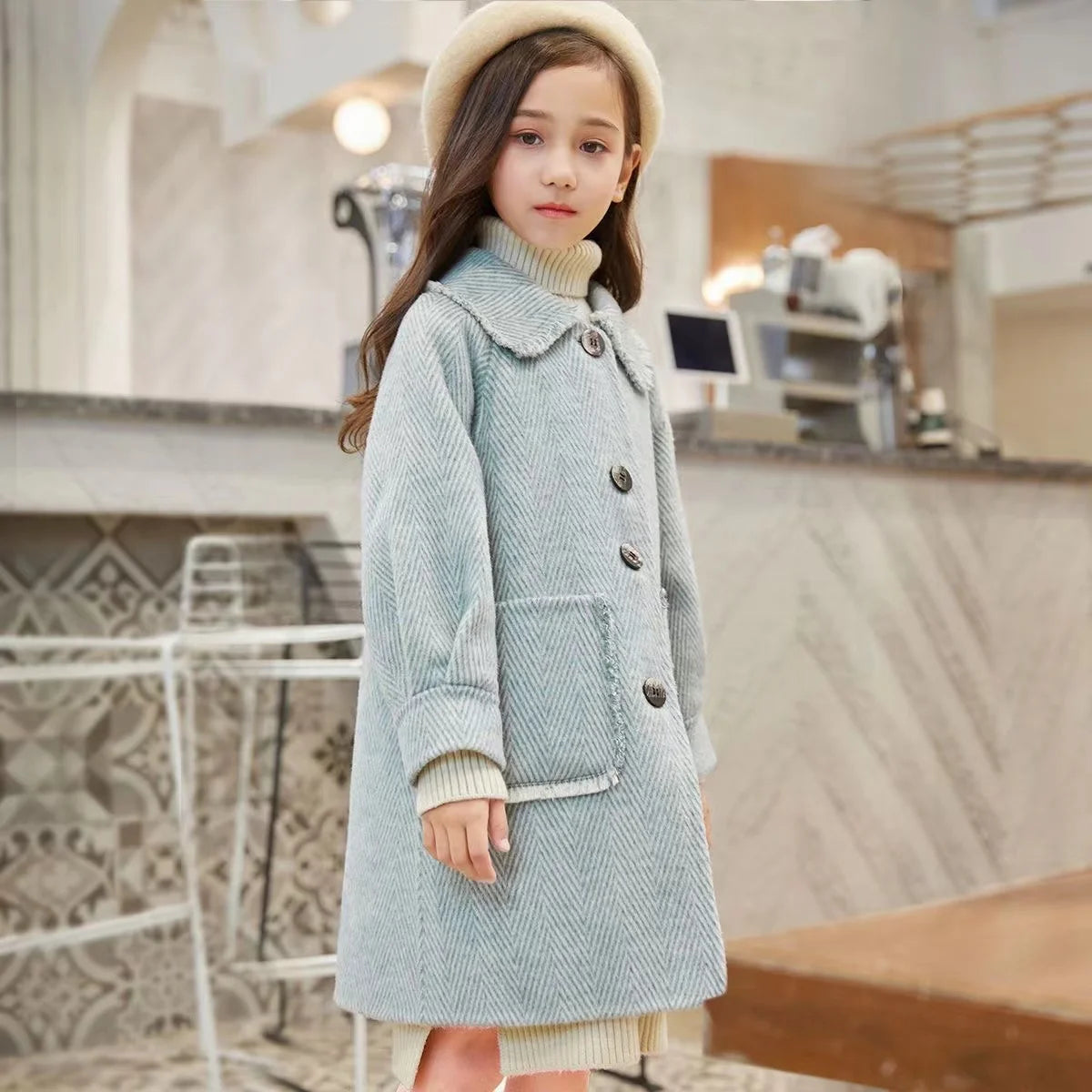 5 to 12 years old girls woolen coat 2024 autumn and winter new style thickened coat, medium long fashion baby girls outerwear