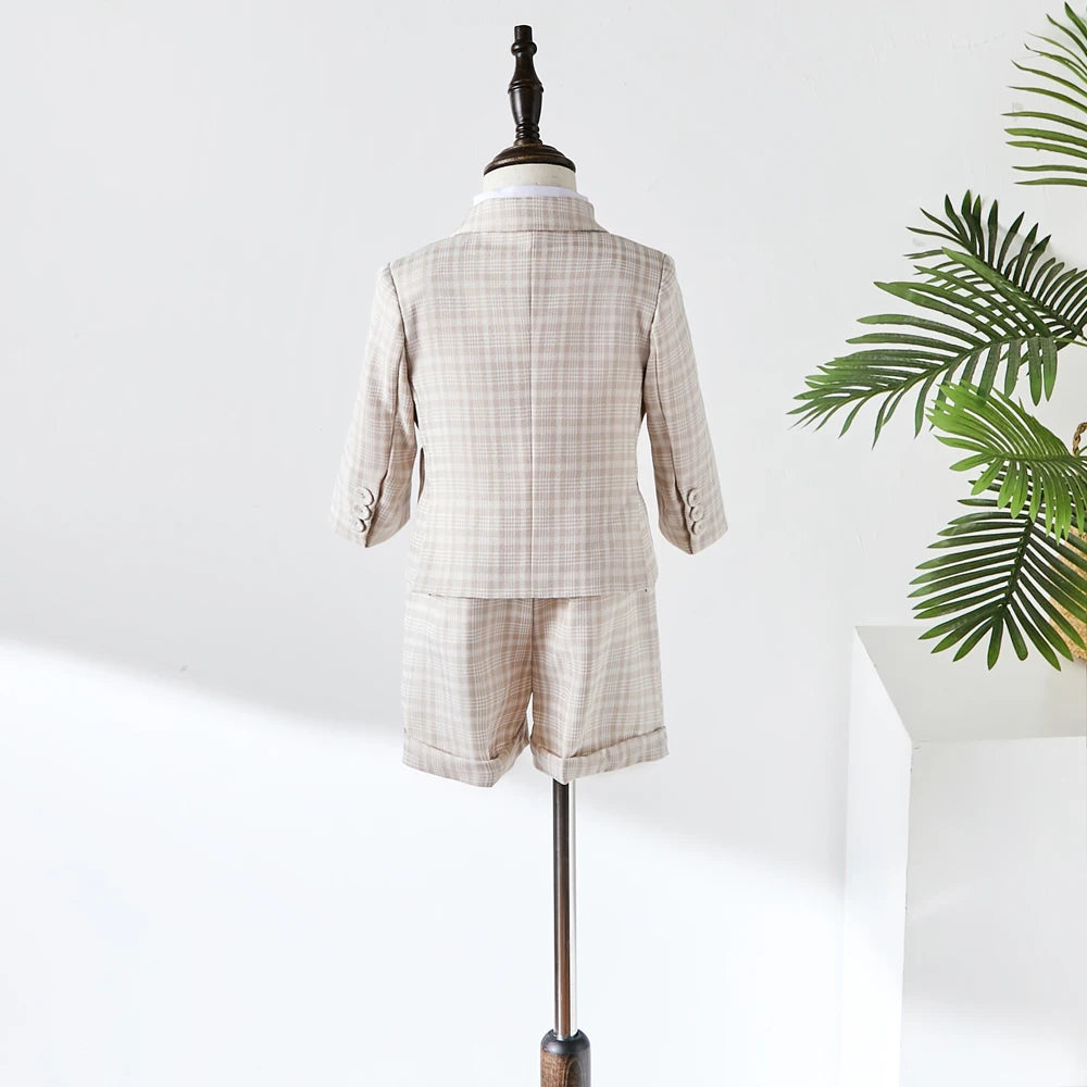 Baby Photograph Boys Suit Children Clothes Set Spring Khaki Lattice Birthday Dress Kids costume Tuxedo Coat+Shorts With Strap