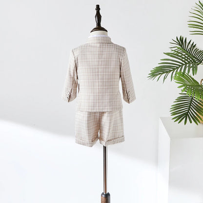 Baby Photograph Boys Suit Children Clothes Set Spring Khaki Lattice Birthday Dress Kids costume Tuxedo Coat+Shorts With Strap