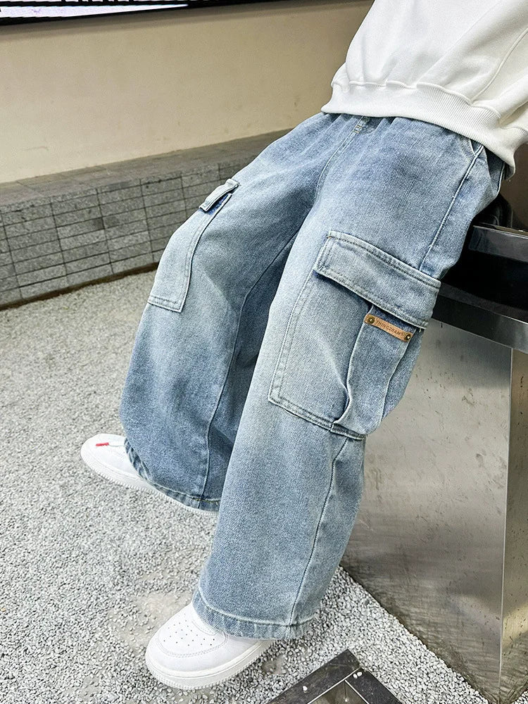 Teen Boys Straight Leg Cargo Jeans New Spring/Autumn Kids Wide Leg Denim Long Pants for Children Loose Pockets Trousers 5 14 Yrs