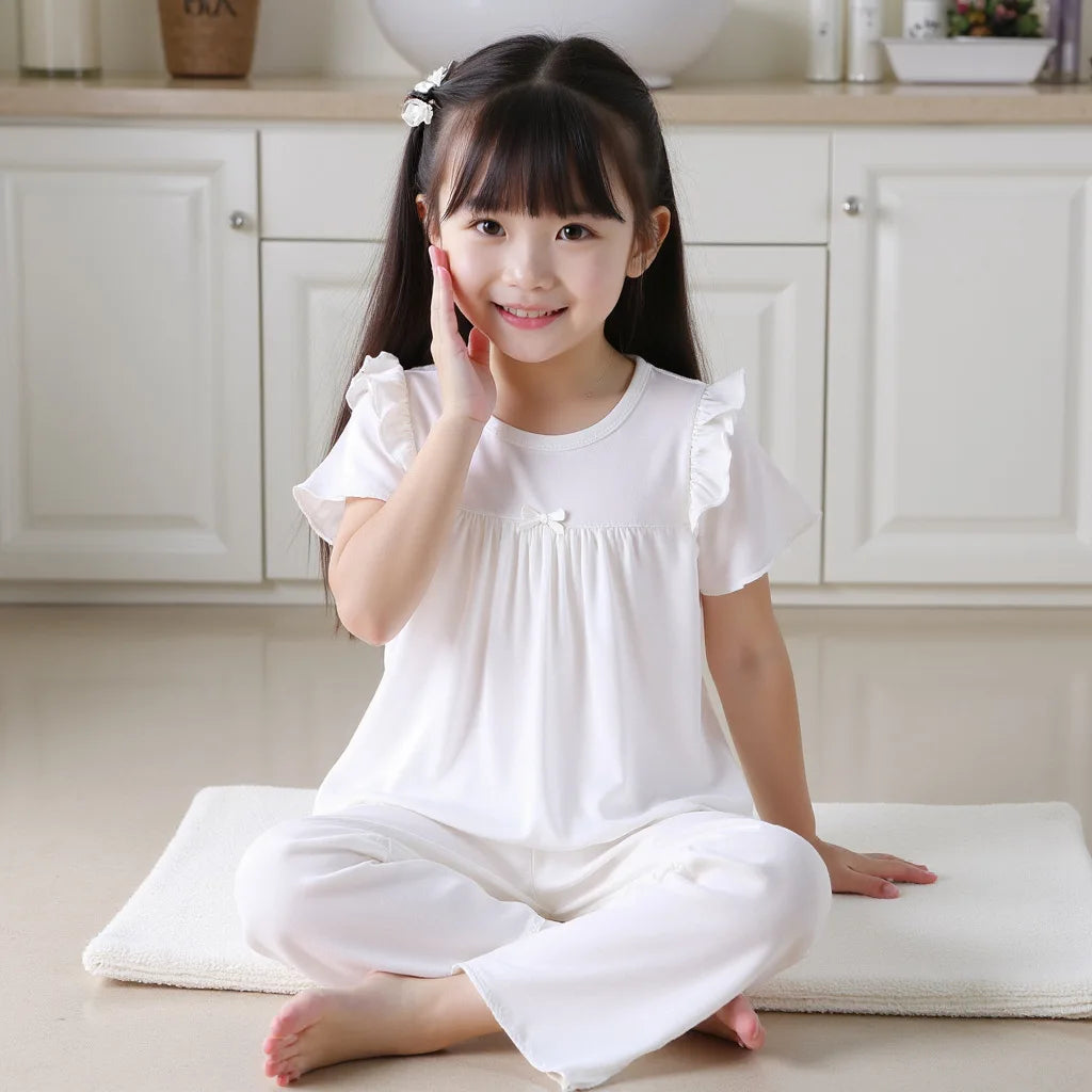 Girls' Short Sleeved Pajamas Home Clothes Set Modal Spring and Summer Thin Edition Children's Air Conditioning Lace Princess