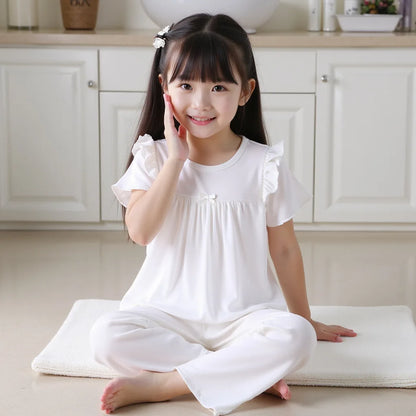 Girls' Short Sleeved Pajamas Home Clothes Set Modal Spring and Summer Thin Edition Children's Air Conditioning Lace Princess