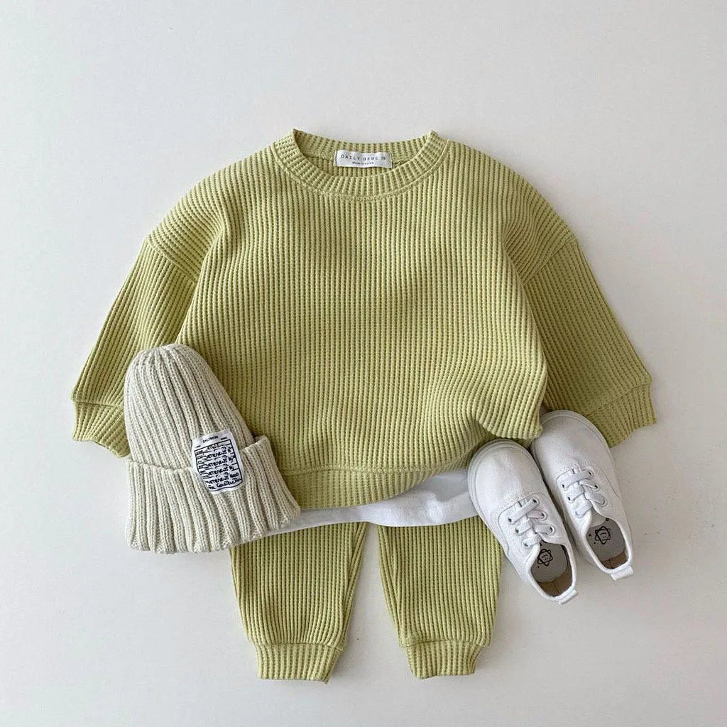 Baby Girls Clothes Autumn Cotton Kintting Clothing Sets Mock 2PCS Waffle Cotton Kids BoysSets Tracksuit Tops+Pants Korean