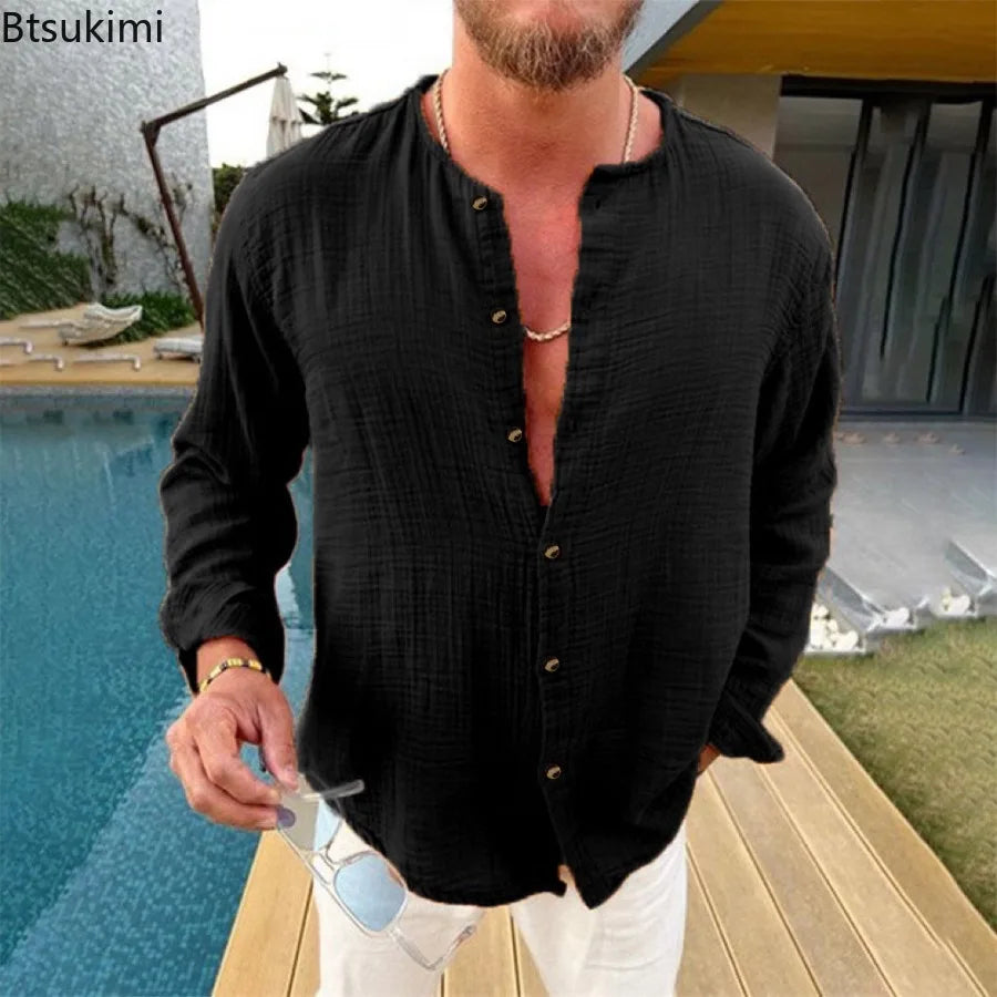 2026 Men's Shirts Spring Summer New Beachwear Button-up Stand Collar Casual Shirts Solid Breathable Long Sleeve Hawaiian Blouses