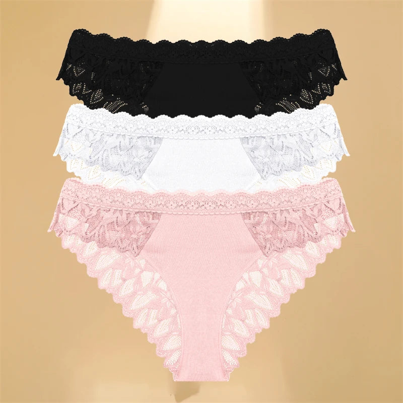FINETOO 3Pcs Lace Hollow Out Underwear for Women Sexy Low-Waist Floral Briefs Female Invisible Breathable Lingerie Soft Intimate