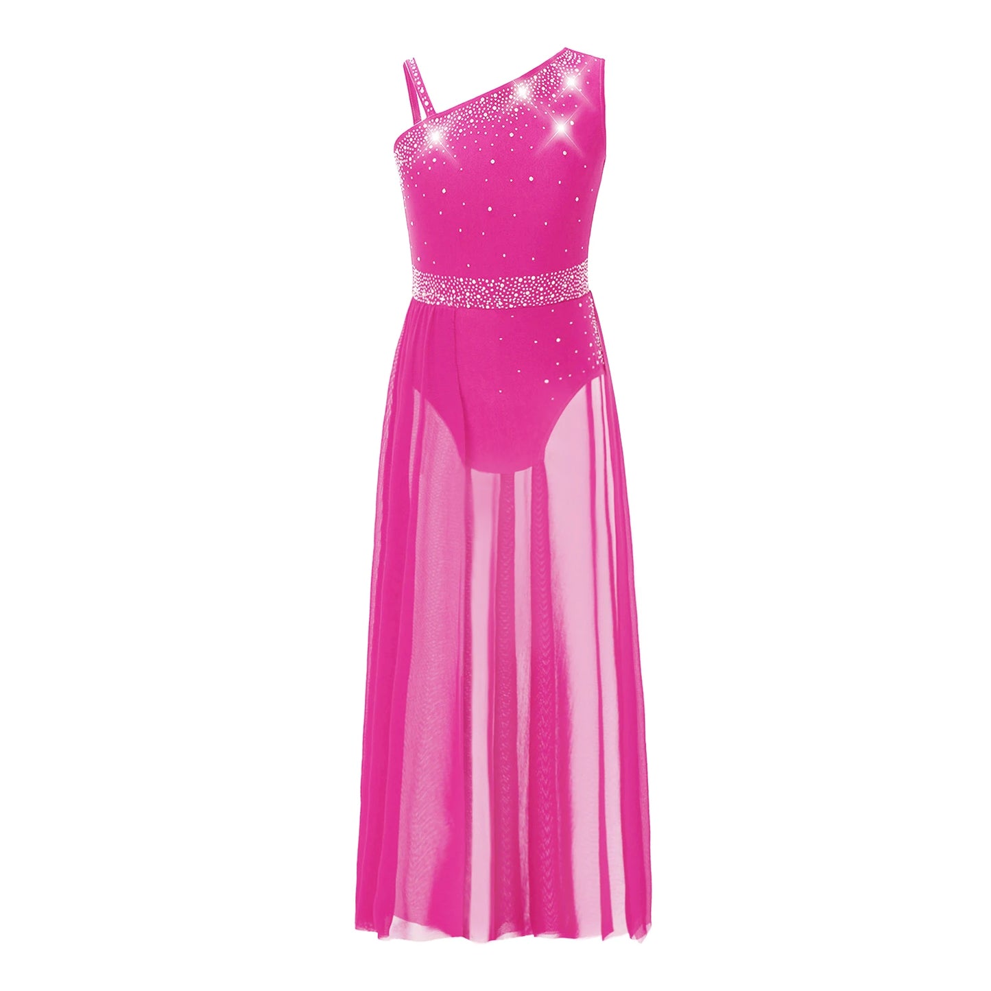 Girls Delicate 3D Flower Lyrical Dance Dress Asymmetrical Ruched Long Dress Gymnastics Modern Dance Clothes Performance Dress