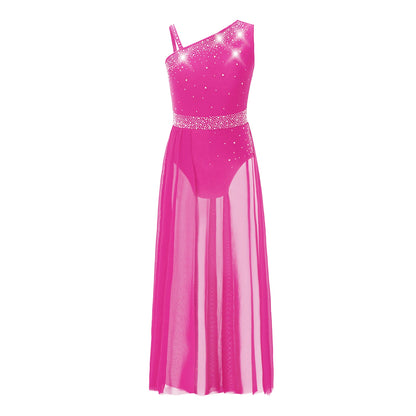 Girls Delicate 3D Flower Lyrical Dance Dress Asymmetrical Ruched Long Dress Gymnastics Modern Dance Clothes Performance Dress