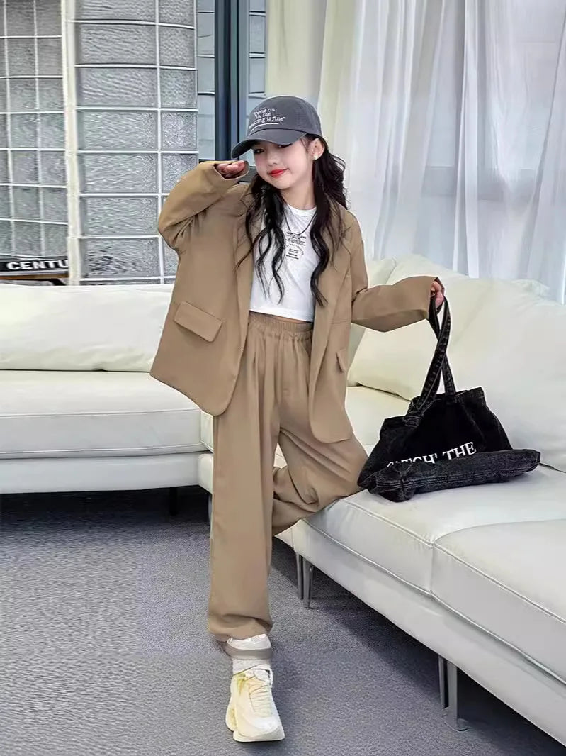 Spring Autumn Girls Blazer Suits Clothing Set Kids Jackets+Pants Fashion Loose Teenage Casual Outfits 4-14 child Casual Costumes