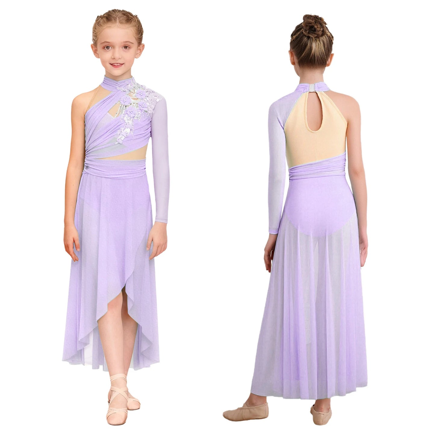 Kids Girls Modern Lyrical Dance Dresses Delicate Applique Keyhole Back Side Split Irregular Hem Asymmetrical Ruched Mesh Dress