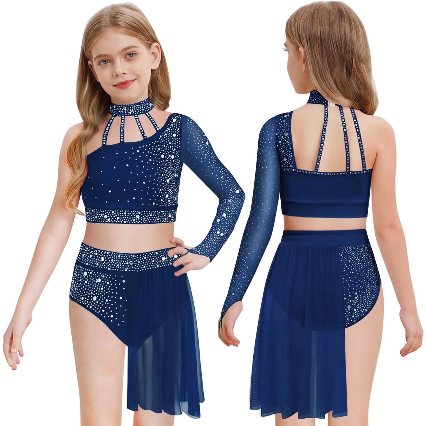 Girls Lyrical Dance Outfit One Shoulder Rhinestone Crop Top with Skirts Modern Contemporary Ballet Gymnastics Skating Dancewear