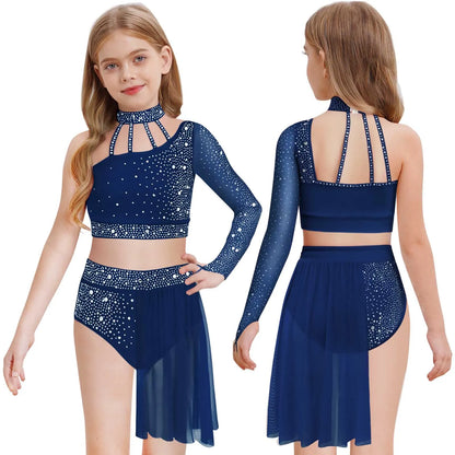 Girls Lyrical Dance Outfit One Shoulder Rhinestone Crop Top with Skirts Modern Contemporary Ballet Gymnastics Skating Dancewear