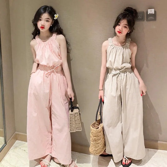 Summer Teen Girls Clothing Sets Children Fashion Princess Tops + Wide Leg Pants 2Pcs Outfits Kids Tracksuit 5 6 8 10 12 14 Years