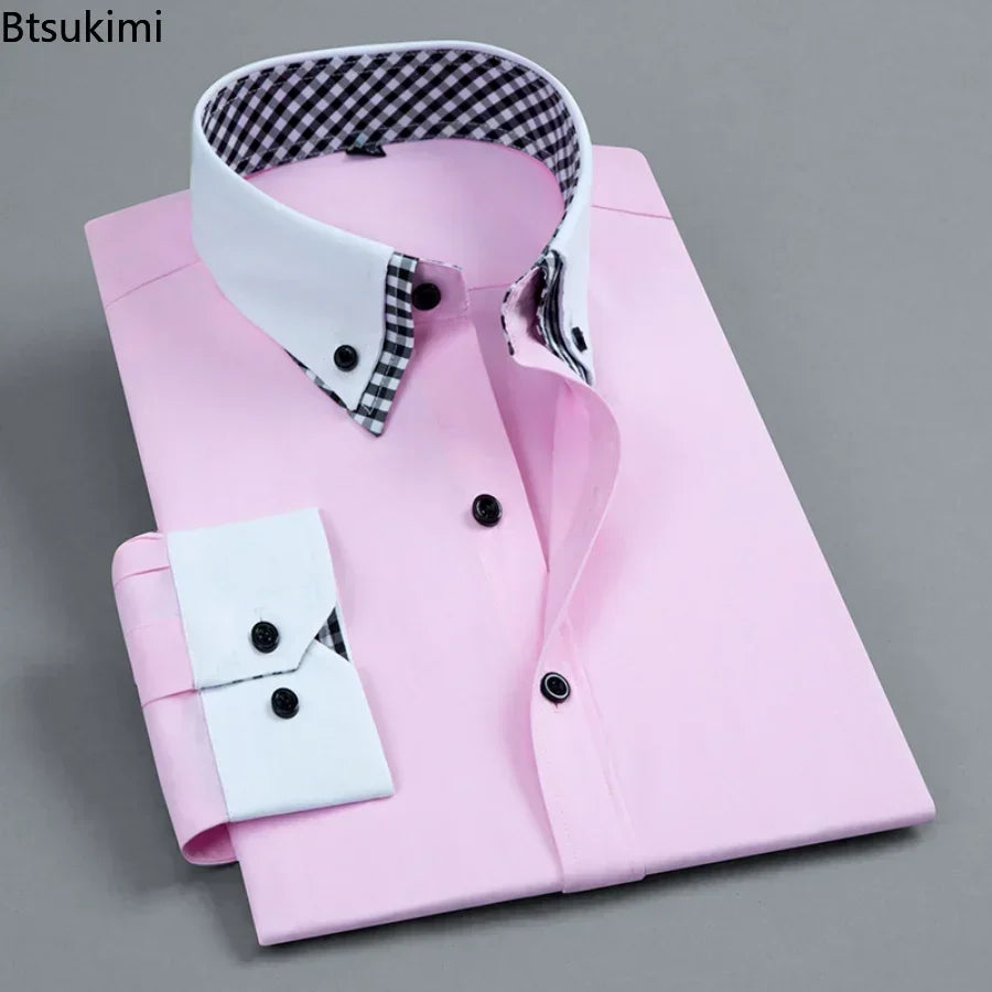 2026 Men's Dress Shirt Non Iron Fashion Double layer Long Sleeve Business Formal Regular Fit Office Camisa Social Shirts Male