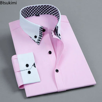 2026 Men's Dress Shirt Non Iron Fashion Double layer Long Sleeve Business Formal Regular Fit Office Camisa Social Shirts Male