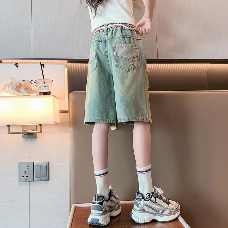 Teen Girls Knee-Length Denim Shorts Kids Elastic Waist Summer Ripped Shorts Pants For Teenager Casual Outfit Age 5 To 14 Years