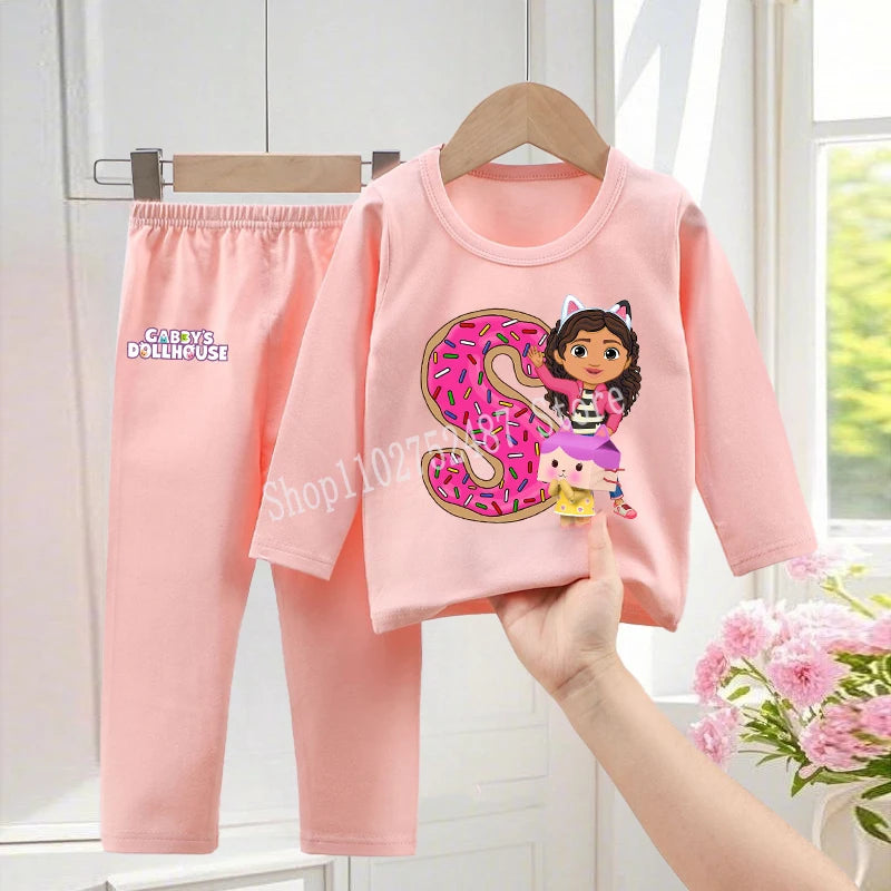 Gabby Dollhouses Pajamas Pants Set Girls Cute Letter A-Z Nightwear Trousers Kids Winter Home Clothes Children Long Sleeves Gift