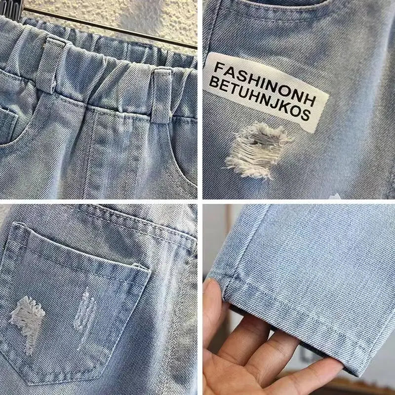 Boys Jeans for Children's Wear Spring and Autumn 2024 New Baby Fashion Korean Fit Long Pants for Children's Hole Jeans 2-9Y
