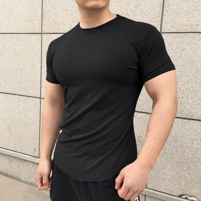 Men's Muscle Shirts Short Sleeve Casual Slim Fit Workout Tshirts Striped Curved Hem Light Weight Elastic