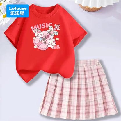 Girls' Trendy School Outfit - Cartoon Music Guitar Rabbit Print Tee + Plaid Skirt Two-Piece Set Teenage Girls Clothes Set