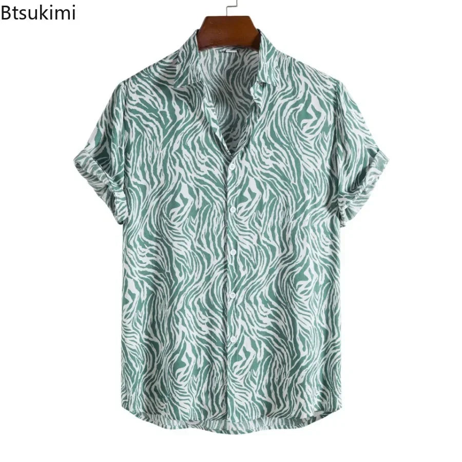 2026 New Hawaiian Beach Wear Men's Zebra-stripe Short Sleeve Shirts Fashion Laple Button Up Casual Blouse Summer Streetwear Male