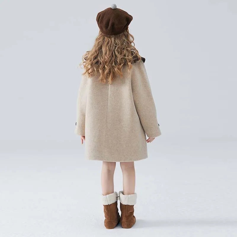 Winter Beige Thick Long Jackets Little Kid's Girls Coat Breasted Woolen Overcoat Cotton Trench Jackets Teenage Girl Coat 2-16Y