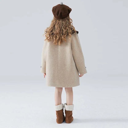 Winter Beige Thick Long Jackets Little Kid's Girls Coat Breasted Woolen Overcoat Cotton Trench Jackets Teenage Girl Coat 2-16Y