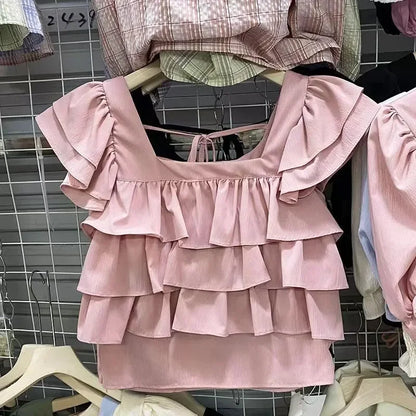 Girls Tops Vest Summer New White Ruffles Sleeveless Short Shirt Teens Kids Clothes 12 13 14 Years Children Beach Hooliday Blouse
