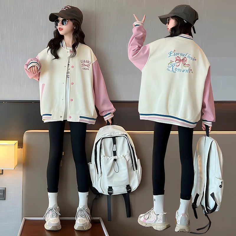 Girls Spring Autumn Jacket New Korean Style Front And Back Butterfly Knot Baseball Coat Teenage Children's Jacket
