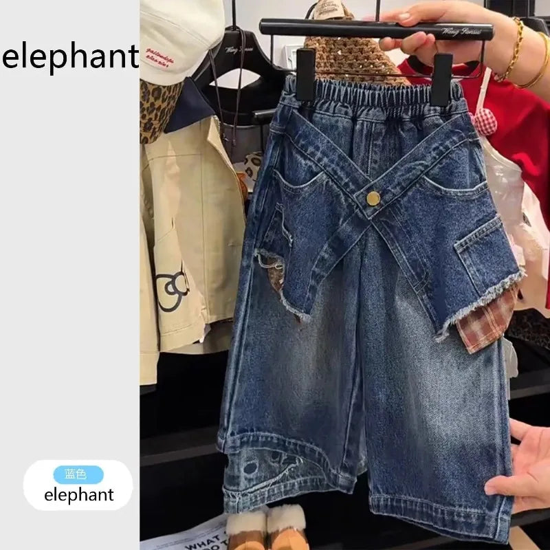 Girls' Pants Autumn 2025 New Style Children's Fashionable Splicing Denim Wide Leg Baby Loose and Versatile Skirt Pants Trend