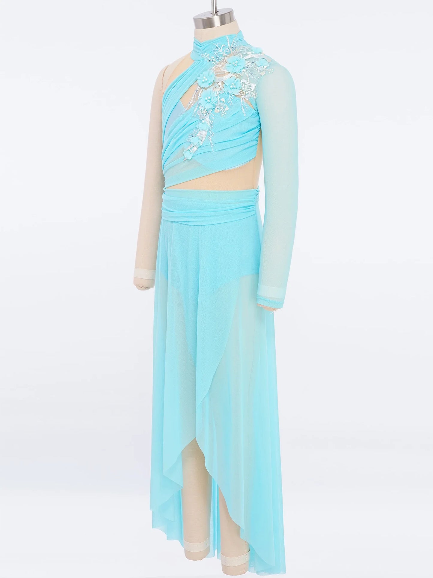 Kids Girls Modern Lyrical Dance Dresses Delicate Applique Keyhole Back Side Split Irregular Hem Asymmetrical Ruched Mesh Dress