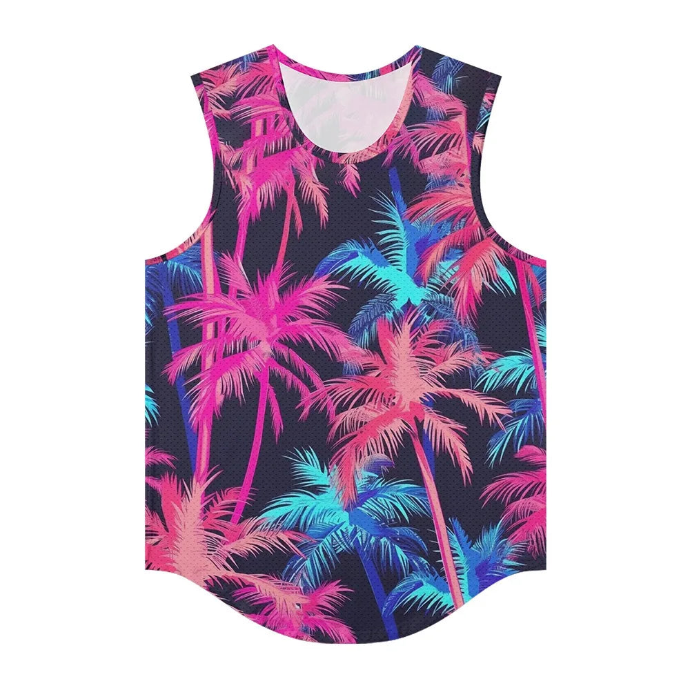 Men Vests Trendy Tropical Monstera Printed Breathable Beach Artistic Essential Tank Top Activewear Sports Oversized Clothing