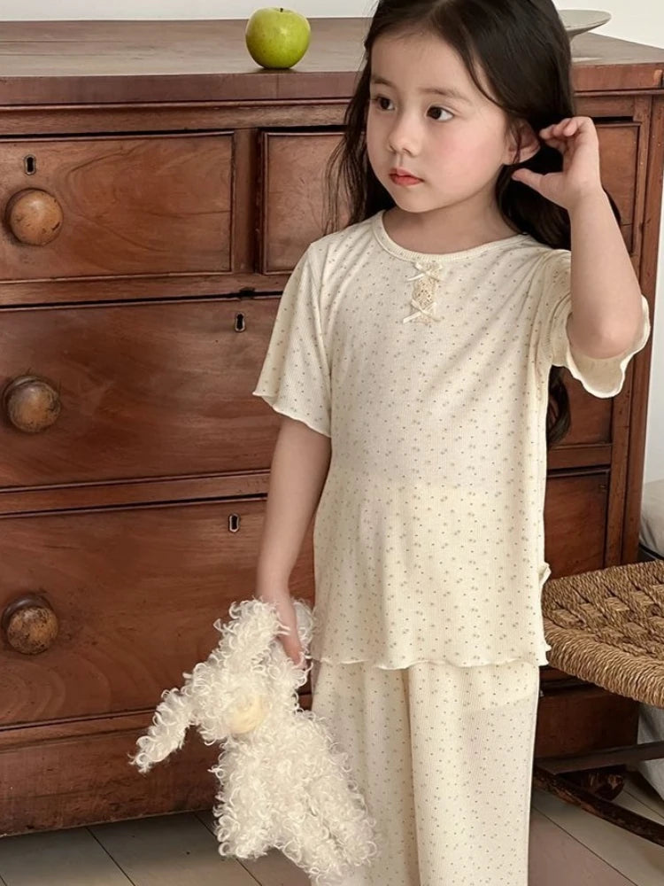 Girls Summer Ice Silk Pajamas Set Short Sleeve Long Pants Sweet Cute Baby Loungewear for Air Conditioning