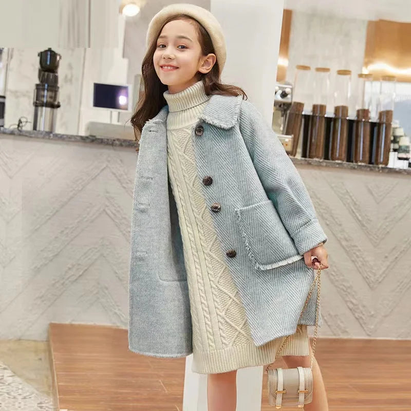 5 to 12 years old girls woolen coat 2024 autumn and winter new style thickened coat, medium long fashion baby girls outerwear